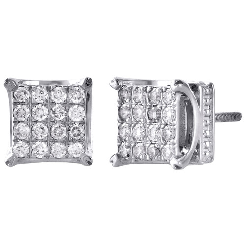 10K White Gold Round Diamond 8.25mm Square 4 Prong Stud 3D Earrings 0.50 CT.