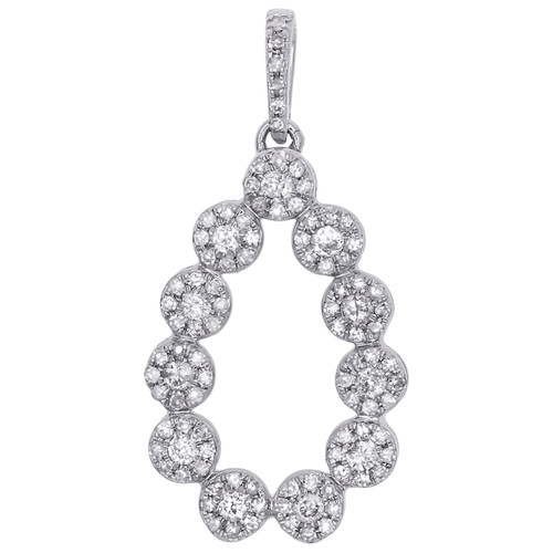 10K White Gold Diamond Flower Halo Teardrop Pendant Cut Out Charm 1.05" 0.50 CT.