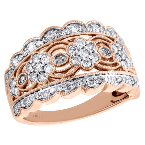 damenring aus 14-karätigem Roségold mit rundem Diamant und Blumenmuster für die rechte Hand, Jubiläumsband, 1 ct.