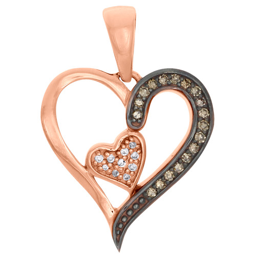 10K Rose Gold Brown & White Diamond Cut Out Heart Pendant 0.85" Charm 0.10 CT.