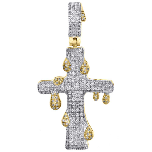 10K Yellow Gold Genuine Diamond Drip Cross Pendant 1.65" Mens Pave Charm 0.45 CT