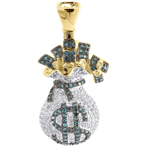 Blue Diamond Money Bag Pendant Mens 10K Yellow Gold Round Dollar Sign Charm 1 Ct