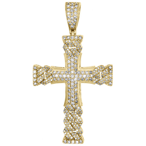 10K Yellow Gold Miami Cuban Link Diamond Cross Pendant 1.95" Pave Charm 1.18 CT.