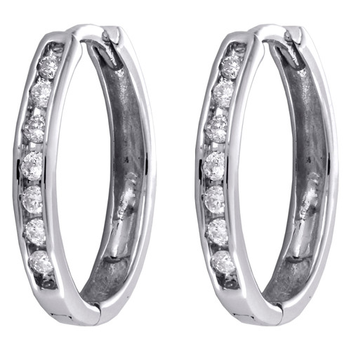 10K White Gold Round Channel Set Diamond Oval Hinged Hoop Earrings 0.17 CT.