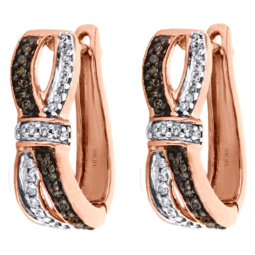 10K Rose Gold Brown & White Diamond Infinity Bow Huggies Hoop Earrings 0.20 CT.