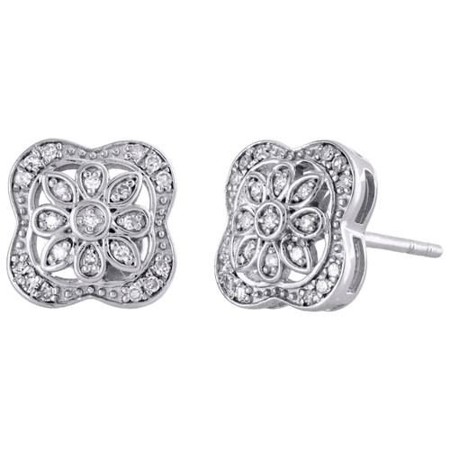 .925 Sterling Silver Diamond 9.25mm Small Flower Square Stud Earrings 0.13 CT.