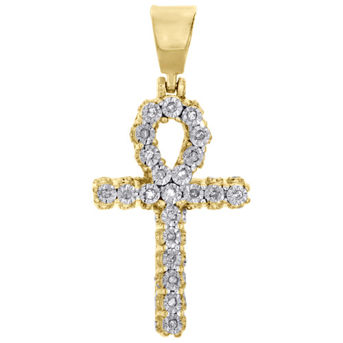 Mens Real Diamond Ankh Cross Pendant 1.25" Yellow Sterling Silver Charm 1/7 CT.