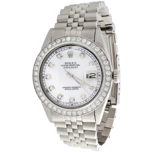 Reloj Rolex Datejust 16014 de 36 mm para hombre con banda de diamante y esfera de fregona blanca de 2 qt.