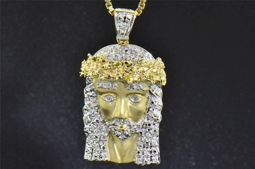 Diamond Jesus Face Pendant 10K Yellow Gold 0.24 Ct Cross Charm with Chain