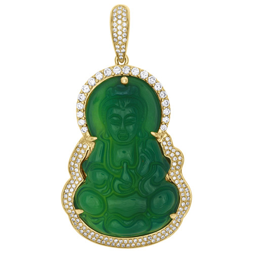 10K Yellow Gold Diamond Meditating Buddha Pendant Synthetic Jade Charm 1.23 CT.