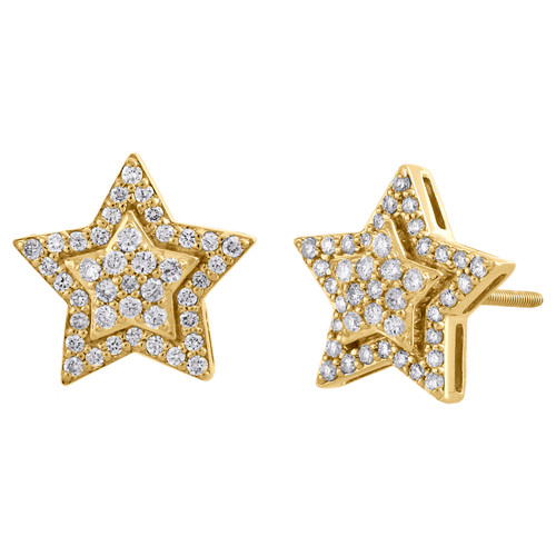 10K Yellow Gold Diamond Star Studs 12mm Double Halo Frame Pave Earrings 0.55 CT.