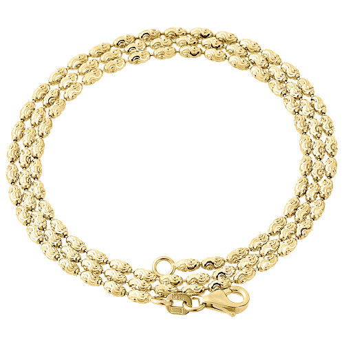 collier de chaîne de perles italiennes coupées en lune de typhon de riz en or jaune 10 carats de 2 mm 16-24 pouces