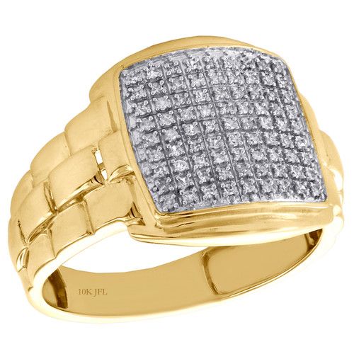 10K Yellow Gold Mens Diamond Pinky Ring 16mm Step Shank Domed Pave Band 1/4 CT.