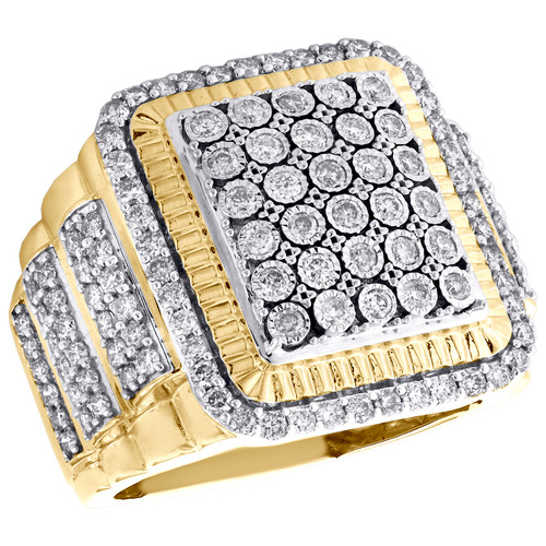 10K Yellow Gold Diamond Fluted Square Pinky Ring 22mm Step Shank Pave Band 2 CT.