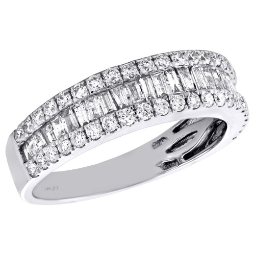 alianza de boda para mujer de 3 hileras de diamantes redondos y talla baguette cónica en oro blanco de 14 quilates, 1 qt.