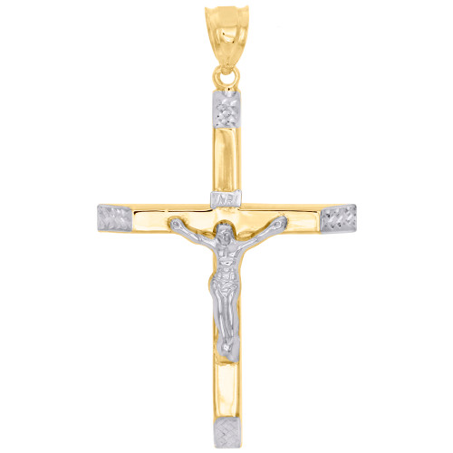 1/10th 10K Yellow Gold Bonded Two Tone Jesus Crucifix Cross Pendant 2.40" Charm