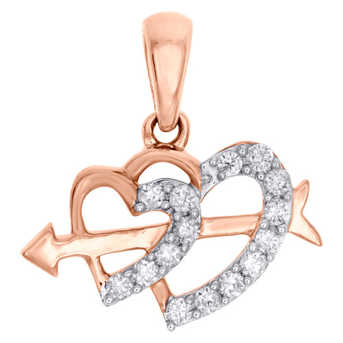 10K Rose Gold Round Diamond Double Heart w/ Arrow Pendant 0.65" Charm 0.20 CT.