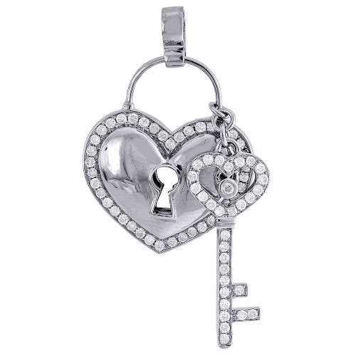 Diamond Heart Lock & Key Pendant 10K White Gold Charm 1.45 CT.