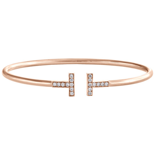 bracciale rigido a filo con lettera t in oro rosa 18 carati con diamanti tondi genuini da 0,30 ct.