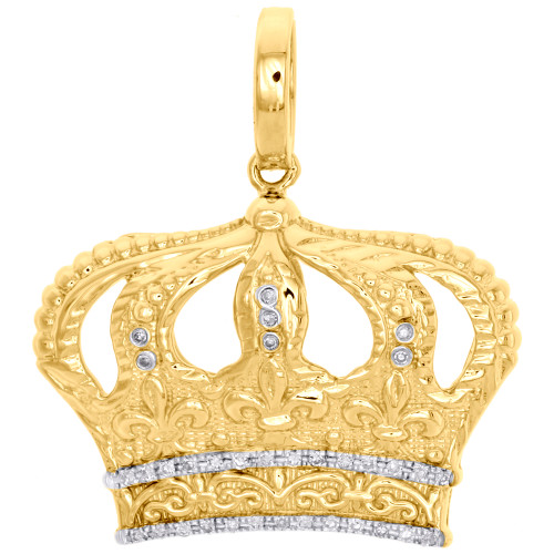 10K Yellow Gold Real Diamond King Hat Crown Pendant 1.30" Mini Charm 0.14 CT.