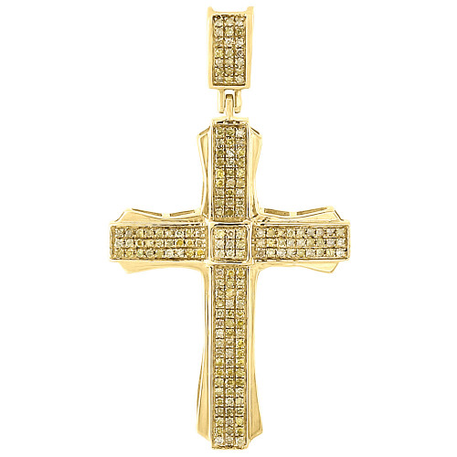 10K Gold Canary Yellow Diamond Cross Pendant Mens Pave Set Design Charm 0.40 Ct.