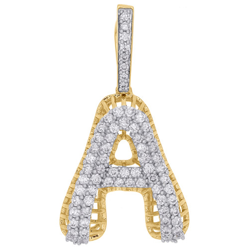 10K Yellow Gold Diamond A Initial Letter Pendant 2 Row Pave Dome Charm 1.33 CT.
