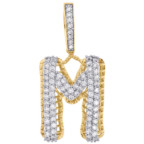 10K Yellow Gold Diamond M Initial Letter Pendant 2 Row Pave Dome Charm 1.50 CT.