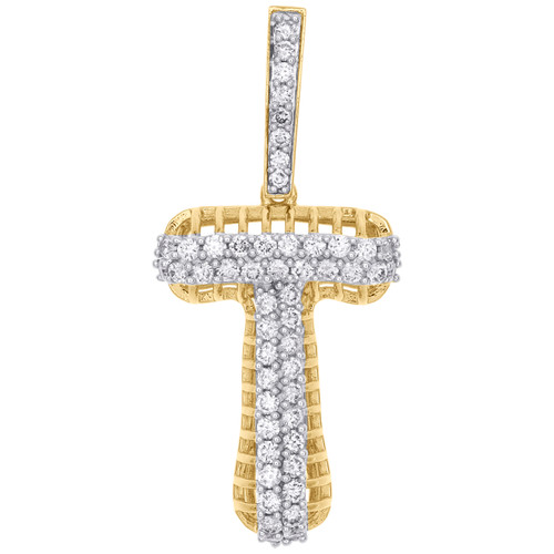 10K Yellow Gold Diamond T Initial Letter Pendant 2 Row Pave Dome Charm 1 CT.