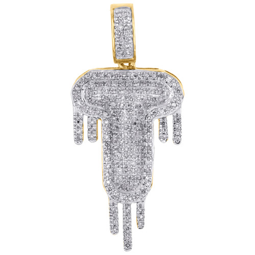 10K Yellow Gold Diamond T Initial Bubble Drip Pendant Pave Dome Charm 0.50 CT.