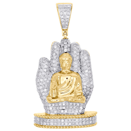 10K Yellow Gold Diamond Buddha Hand Statue Pendant 1.85" Mens Pave Charm 1.75 CT