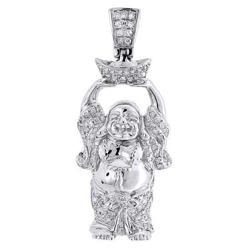 Diamond Buddha Pendant Mens 10K White Gold Round Pave Laughing Charm 0.33 Tcw.