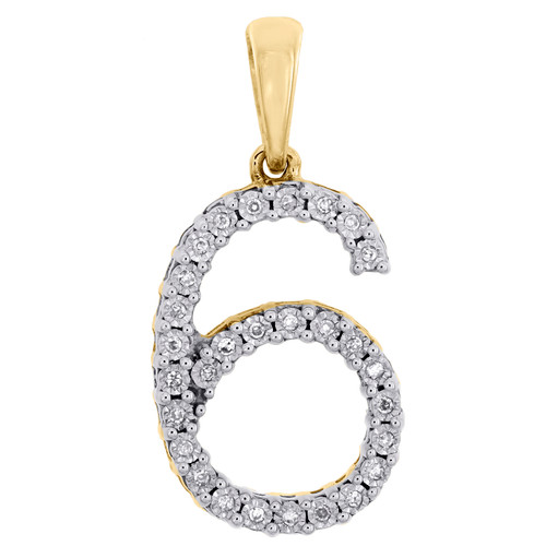 10K Yellow Gold Genuine Diamond Number # 6 SIX Pendant 1" Unisex Charm 0.07 CT.