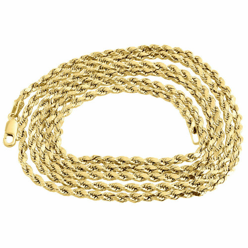 Collier chaîne en corde creuse D/C en or jaune 10 carats pour hommes ou femmes de 2,5 mm, 16 à 30 pouces