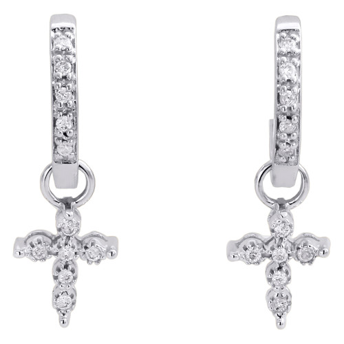10K White Gold Round Diamond Dangling Cross Hoops Ladies Huggie Earrings 1/10 Ct
