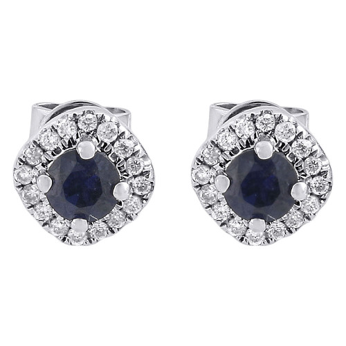 Diamond Solitaire Blue Sapphire Earrings Ladies 14K White Gold Halo Design Studs