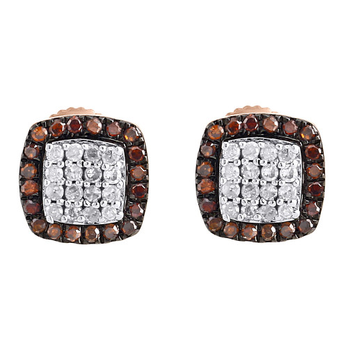 Red Diamond Square Earrings 10K Rose Gold Round Pave Halo Studs 0.20 Tcw.