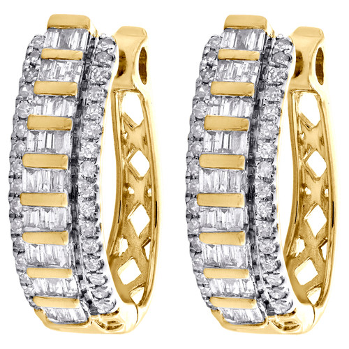 10K Yellow Gold Tapered Baguette Diamond Oval Hinged Hoop Dome Earrings 0.50 CT.