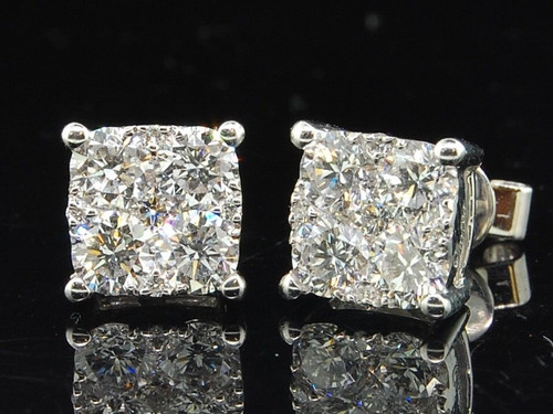 Diamond Earrings Ladies 18K White Gold Round Cut Square Design Studs 1.55 Tcw.