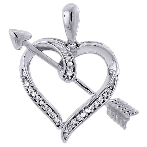 Heart Shooting Arrow Diamond Pendant 10k White Gold Charm 0.08 Ct.