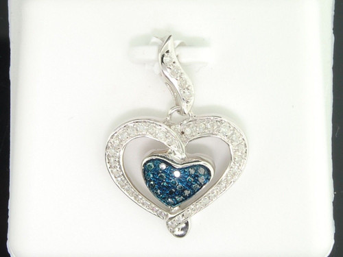 Pendentif coeur en diamant bleu pour femme, breloque d'amour ronde en or blanc 10 carats, pavé 0,27 tcw.