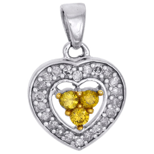 Natural Yellow Diamond Heart Pendant 10K White Gold Round Cut 1/3 CT.