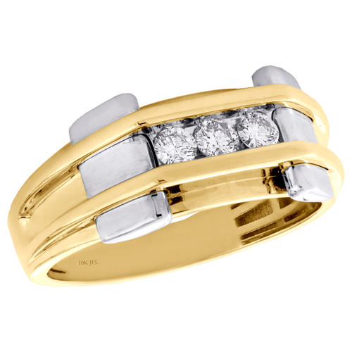 10K Yellow Gold Diamond Wedding Band 9.75mm Mens 3 Stone Channel Set Ring 1/3 CT