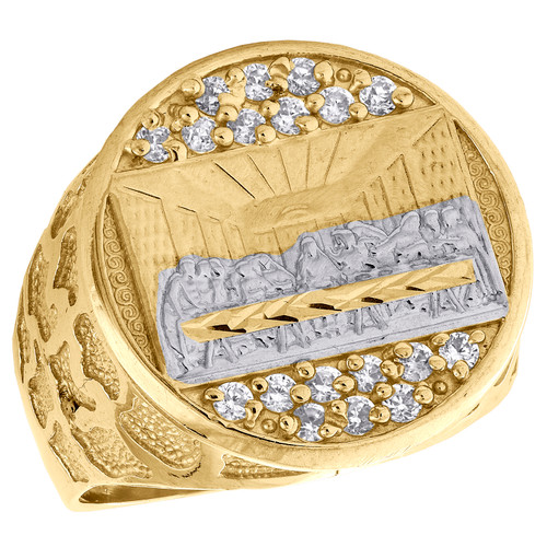 Anillo de meñique con diseño de última cena de oro amarillo auténtico de 10 quilates con vástago de pepita, banda de 20 mm