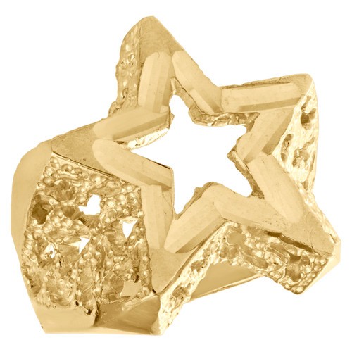 Anillo meñique llamativo en forma de súper estrella con talla de diamante en oro amarillo real de 10 k, banda de 21 mm