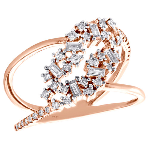 14K Rose Gold Baguette Diamond Prong Set Bypass Twisted Cocktail Ring 0.37 Ct.