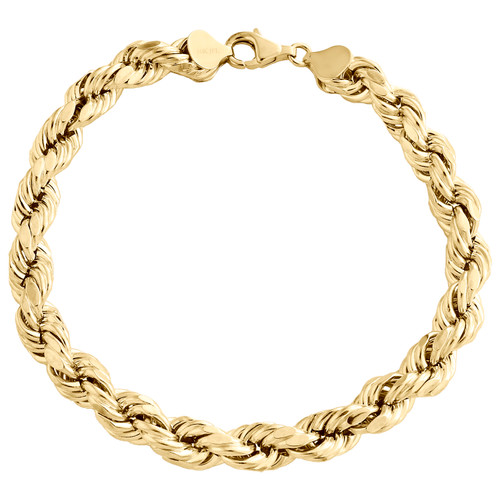 pulsera de eslabones de cuerda con corte de diamante hueco de 8 mm en oro amarillo de 10 quilates, cierre de langosta de 8 a 9 pulgadas