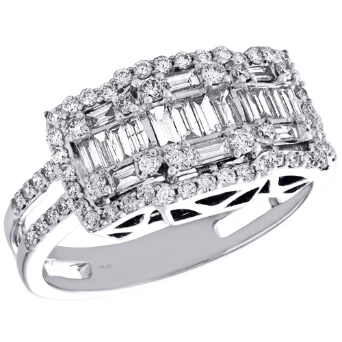 14K White Gold Round & Baguette Diamond Tiered Square Cocktail Ring 0.87 CT.