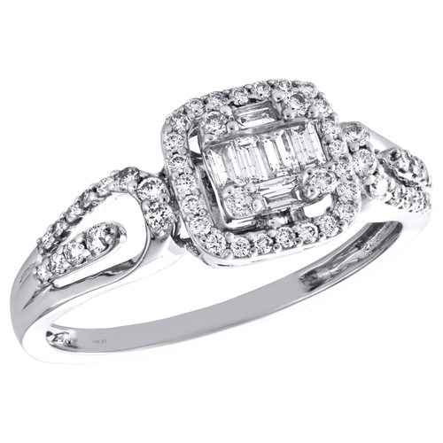 14K White Gold Round & Baguette Diamond Square Halo Open Cocktail Ring 0.37 CT.