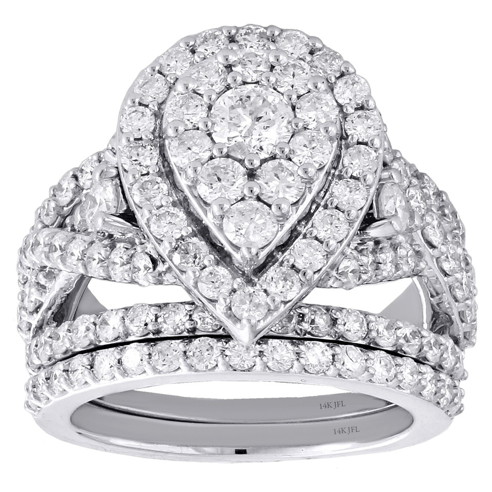 14K White Gold Diamond Teardrop Engagement + Wedding Rings Bridal Set 2 ...
