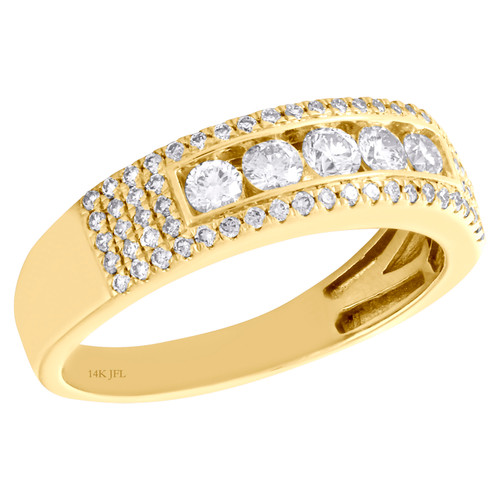 14K Yellow Gold 5 Stone Diamond Mens Wedding Band Solitaire Center Ring ...